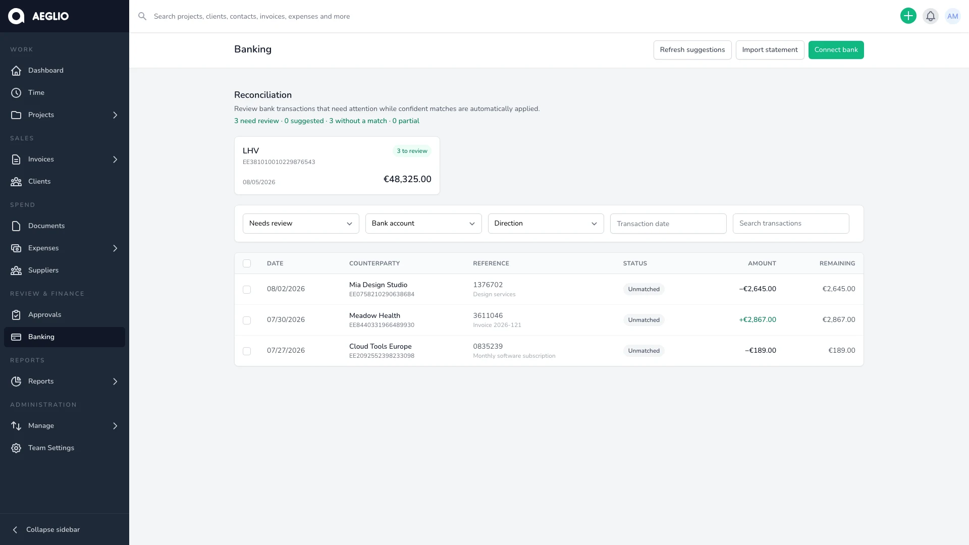 Aeglio bank transaction review panel with ranked match suggestions and fictional company data
