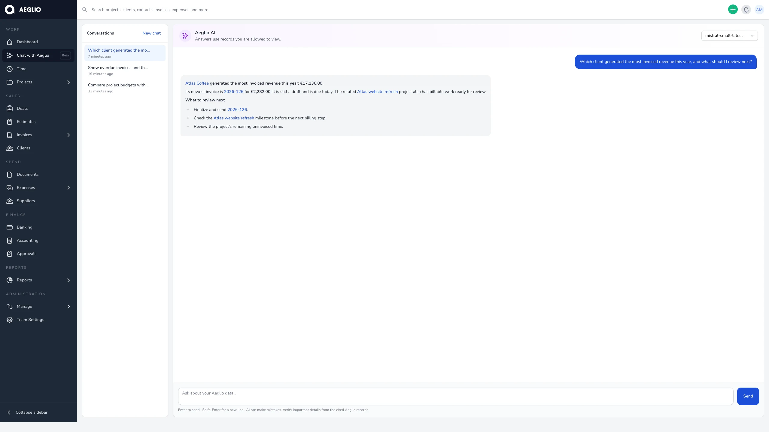 Aeglio chat with aeglio screen with fictional company data