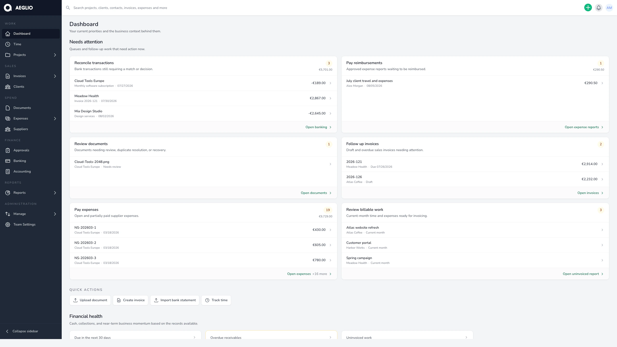 Aeglio dashboard showing bank reconciliation, invoices, expenses and billable work requiring attention