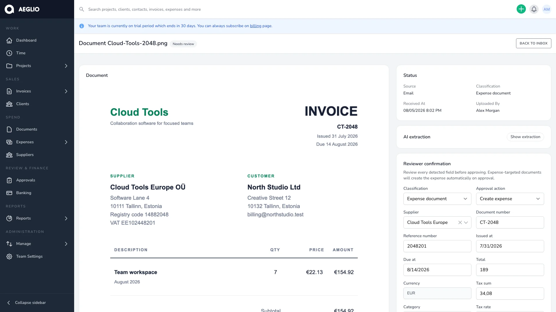 Aeglio document review with source preview and extracted fields using fictional data