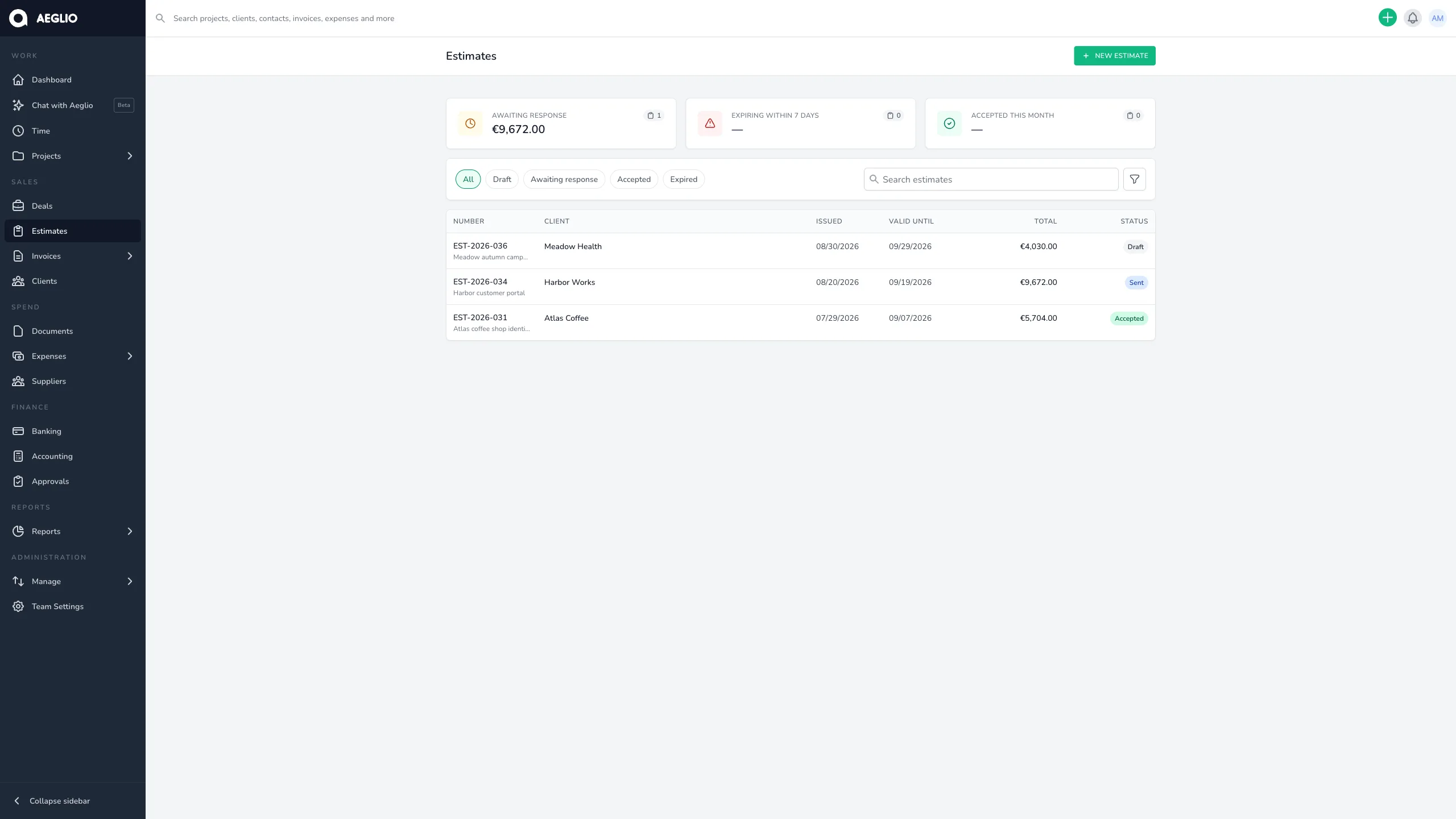 Aeglio estimate list with customers, validity dates, totals and response status using fictional data