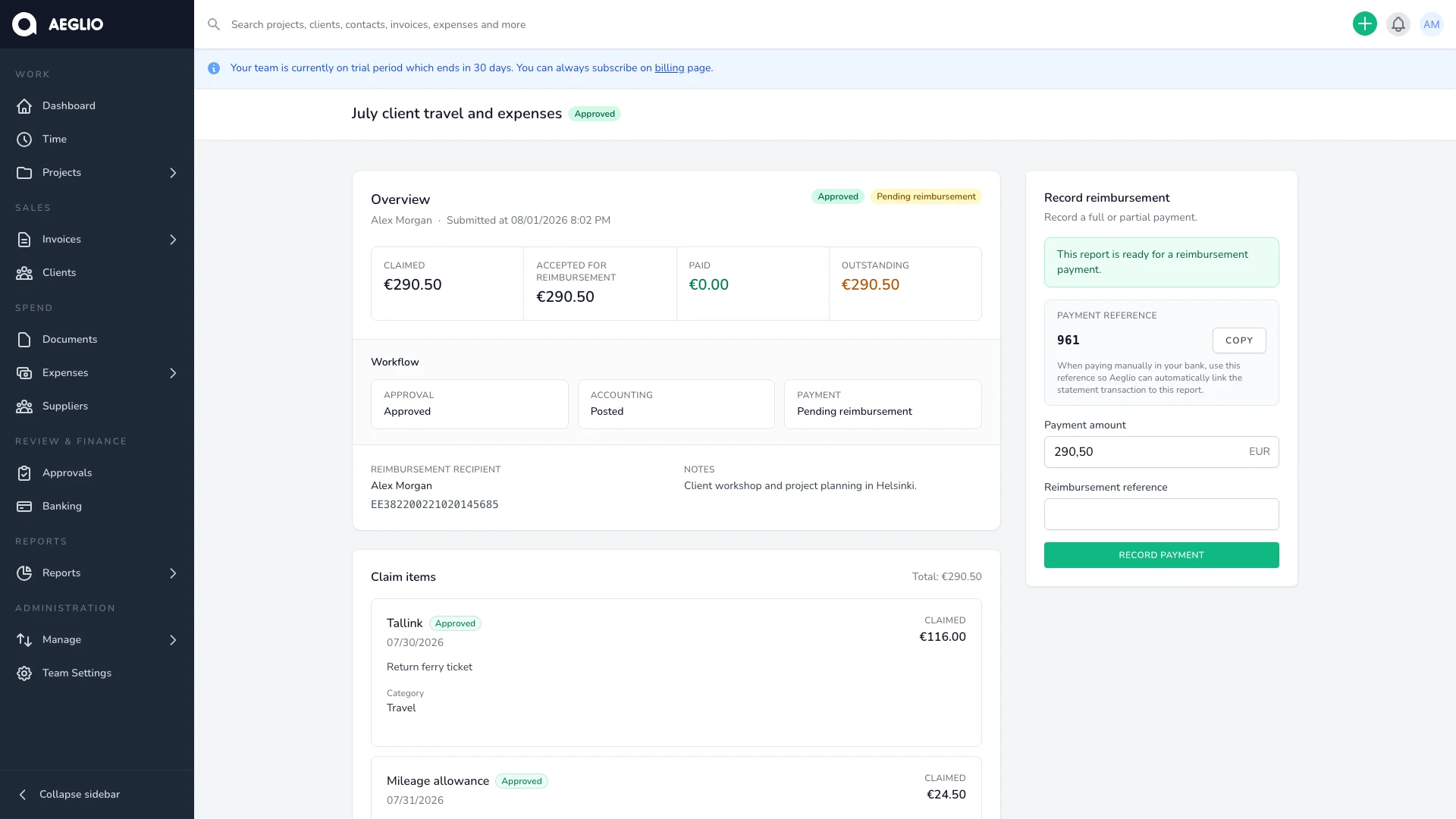 Aeglio employee expense report with evidence, mileage and payment status using fictional data