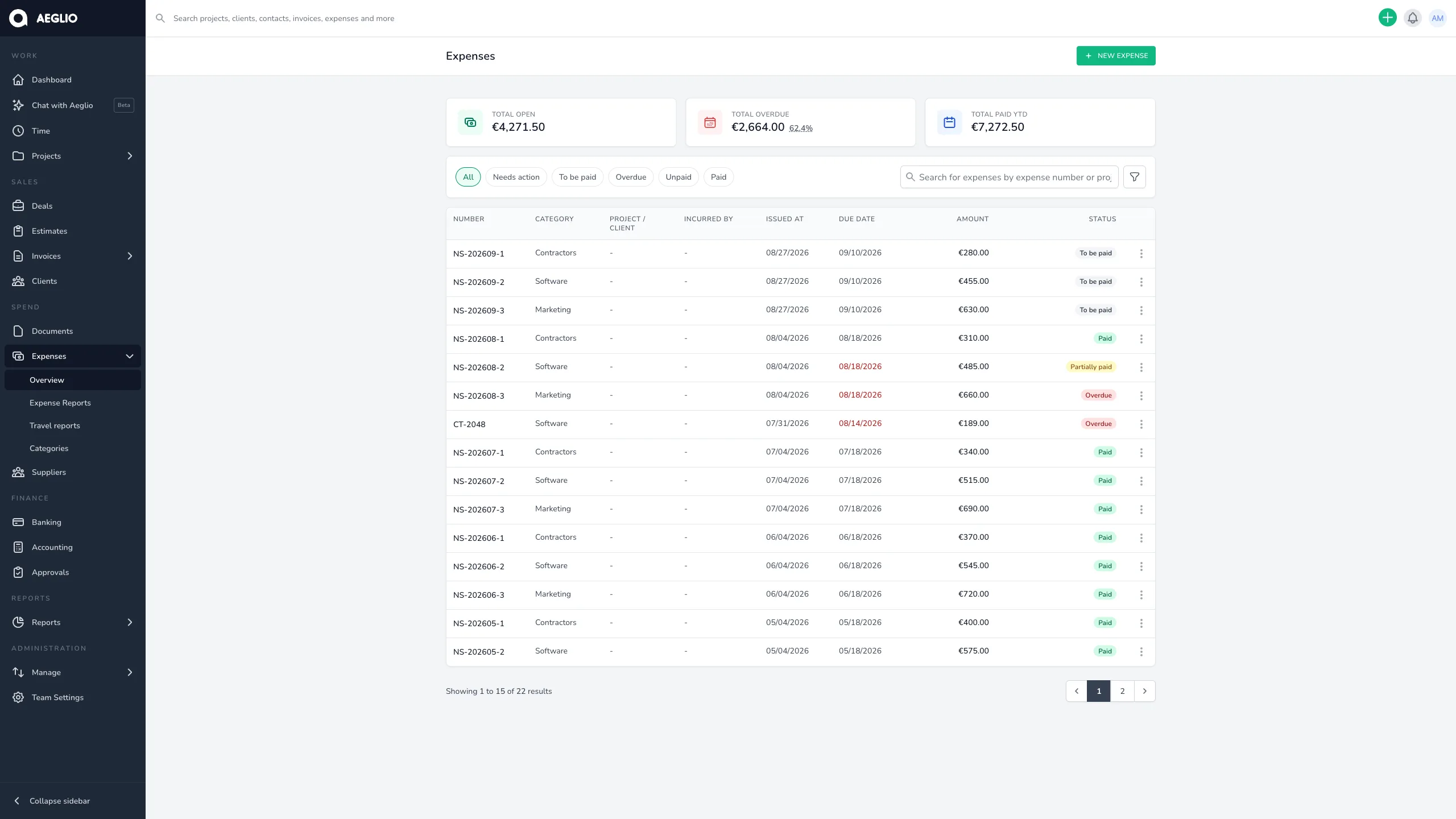 Aeglio supplier expenses screen with fictional company data