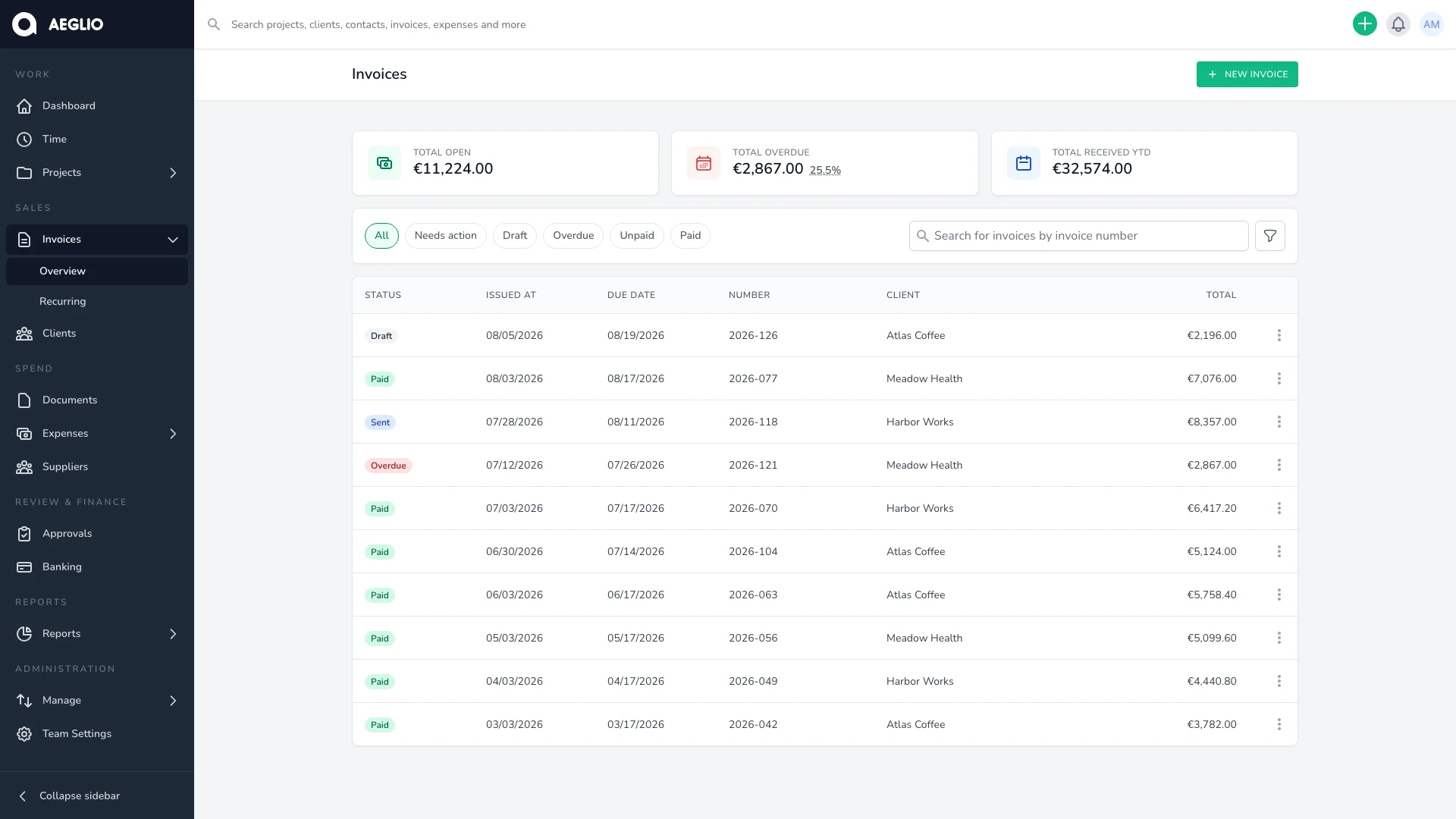 Aeglio invoices with payment statuses and fictional company data