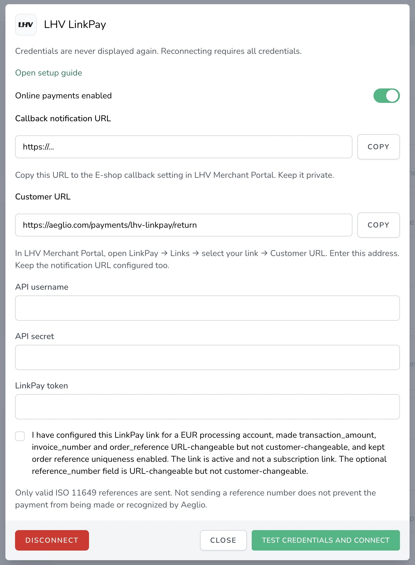 Aeglio LHV LinkPay connection settings