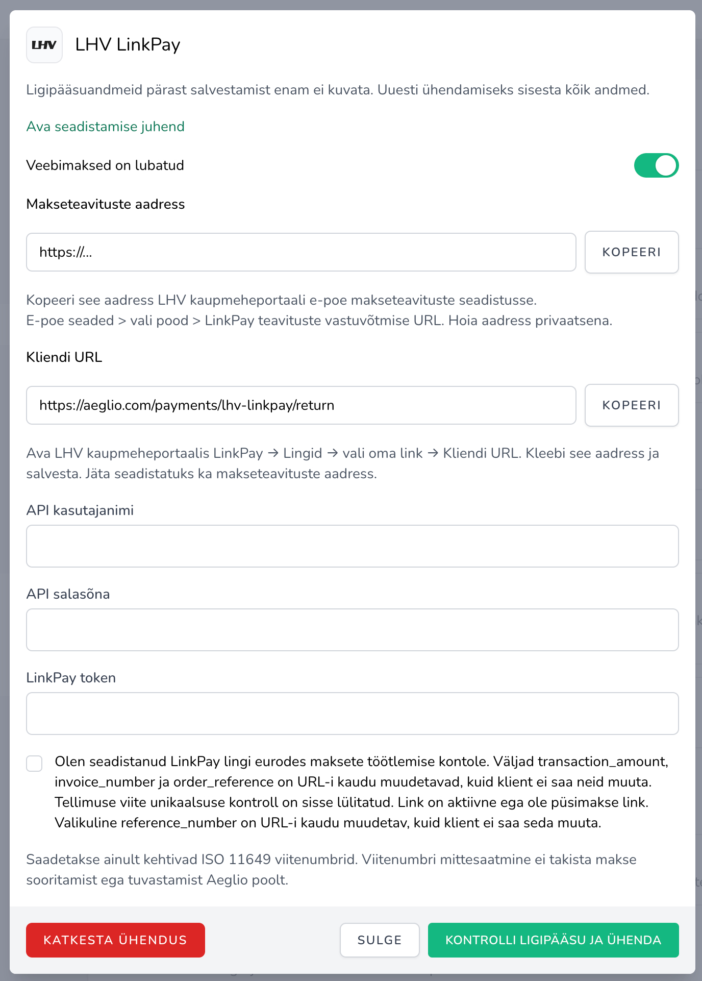LHV LinkPay ühendamise seaded Aeglios