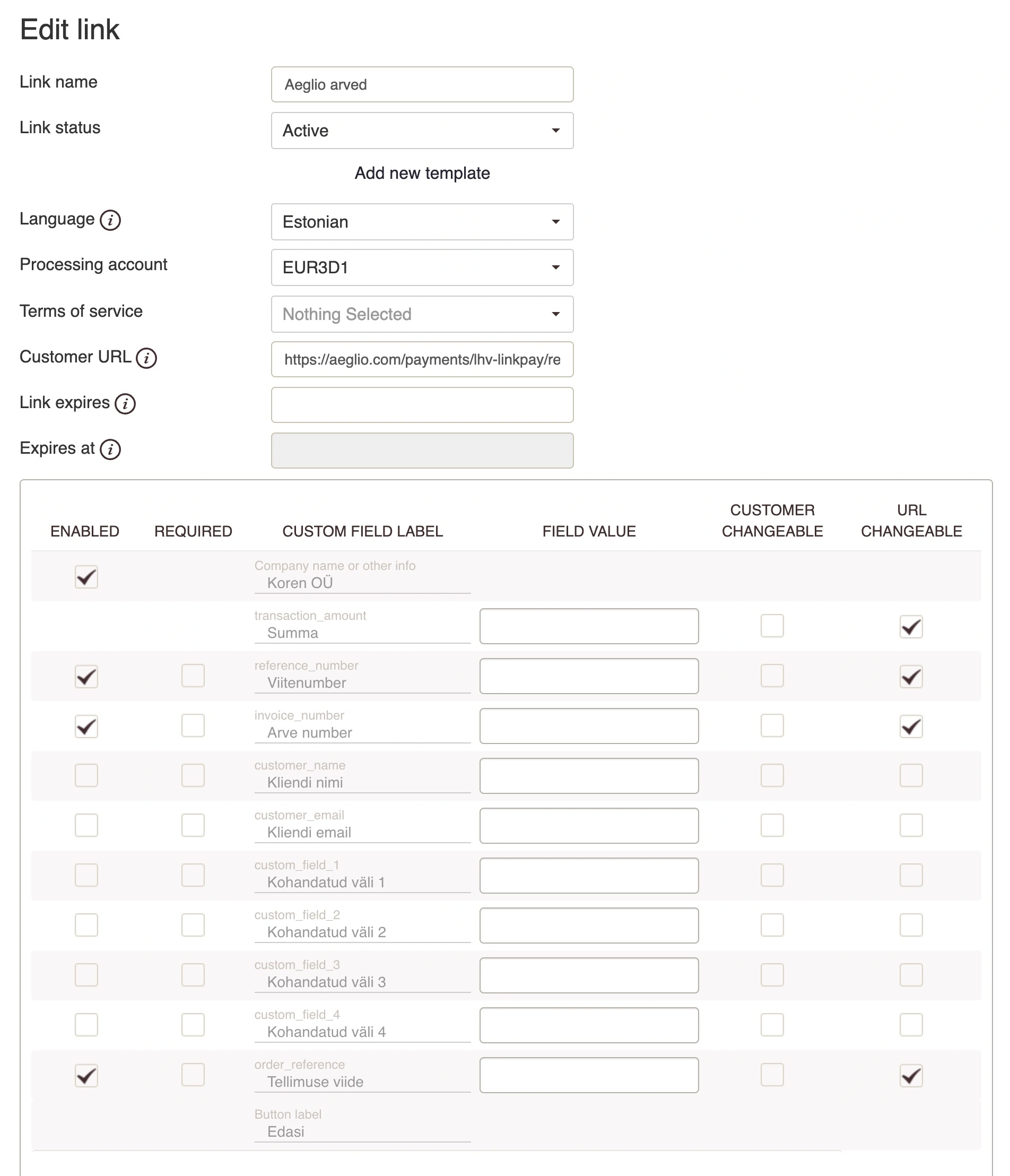 LHV LinkPay payment fields and Customer URL settings