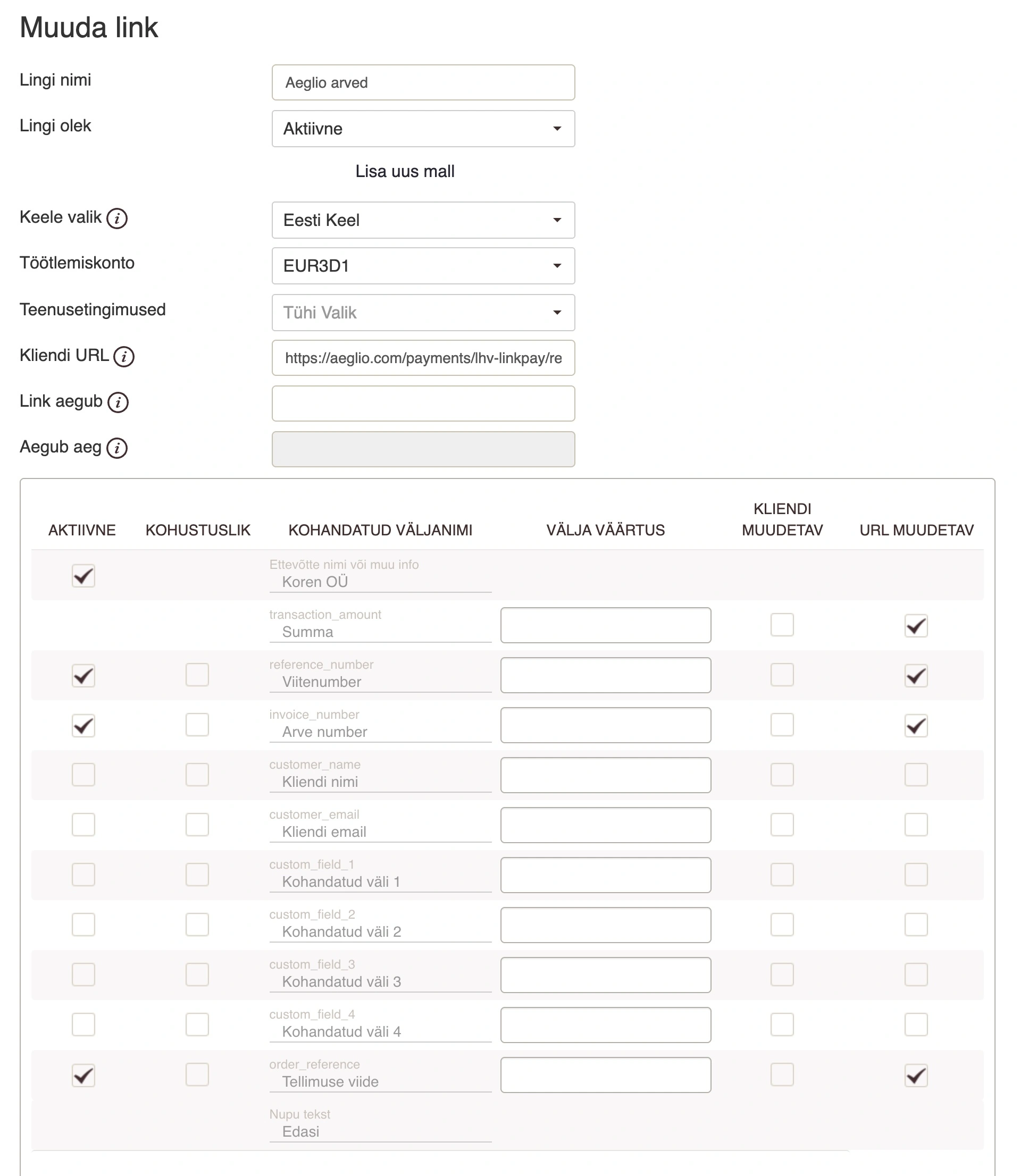 LHV LinkPay makseväljade ja Kliendi URL-i seaded