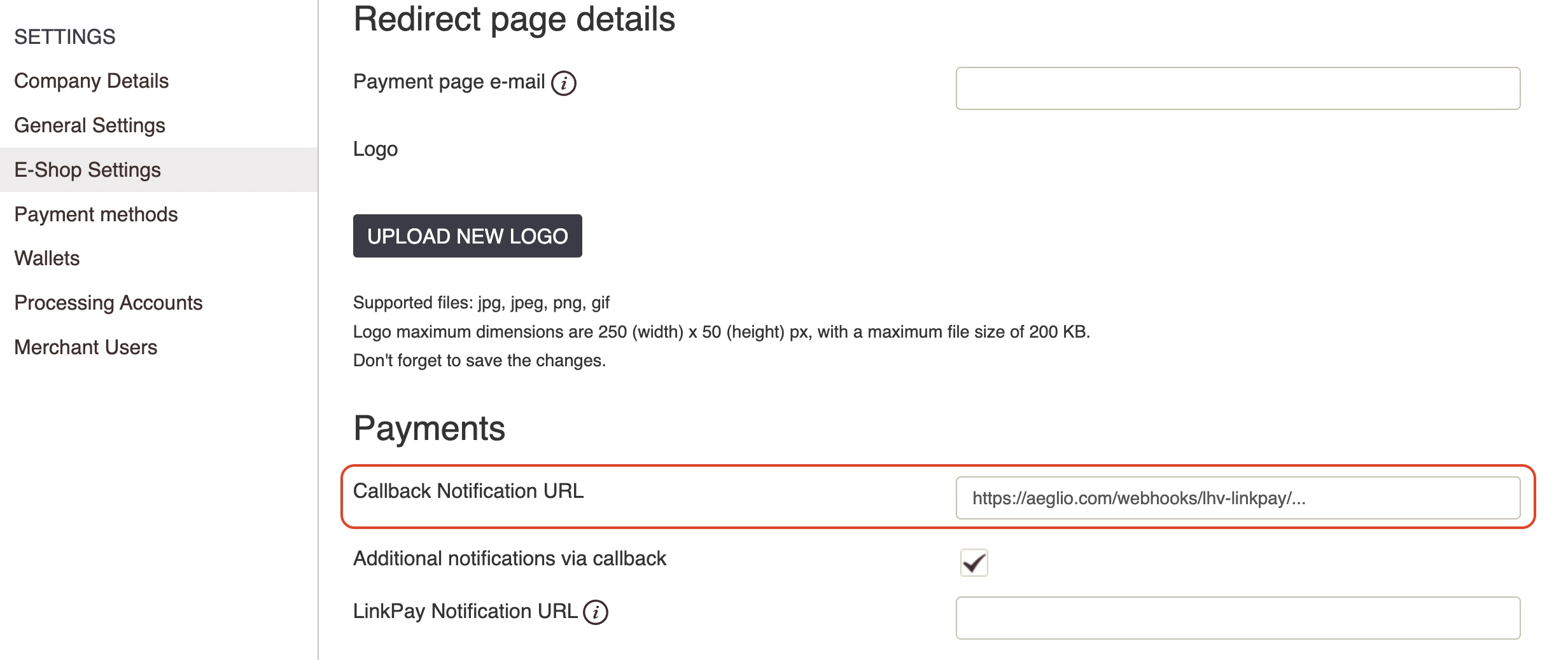 LHV merchant portal payment notification setting