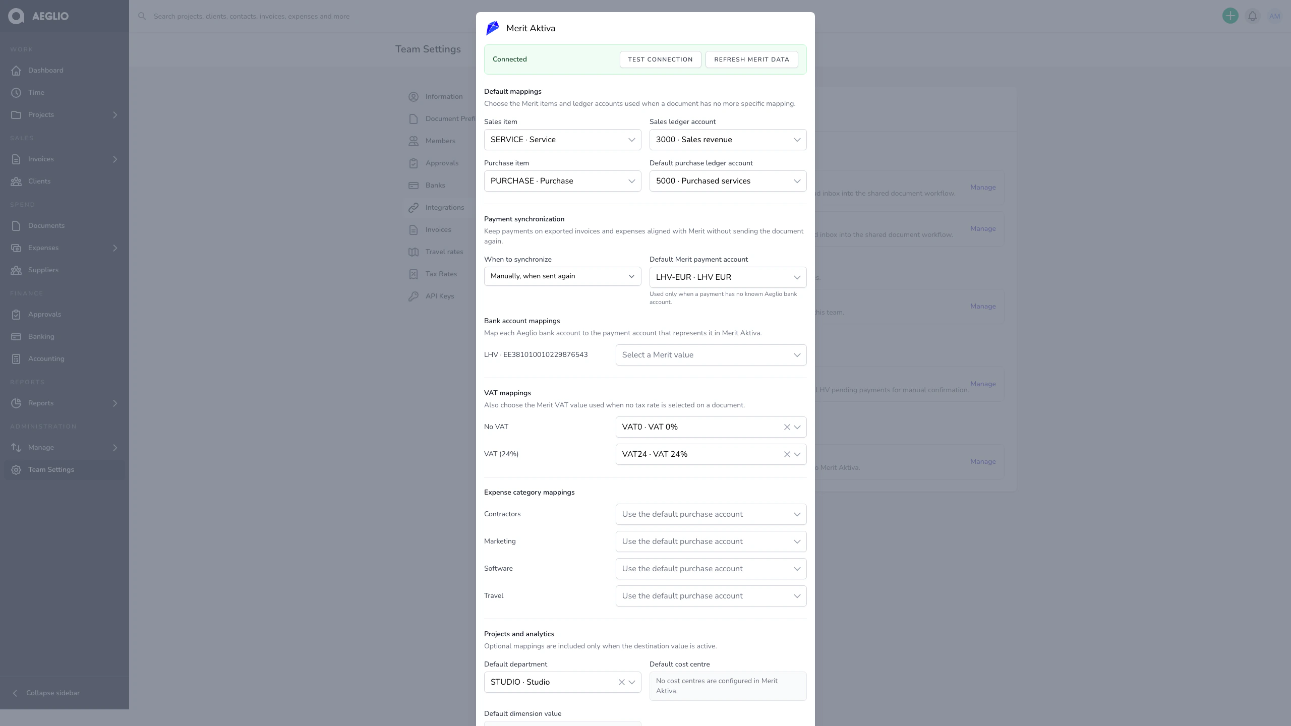 Aeglio Merit Aktiva integration settings with fictional company data