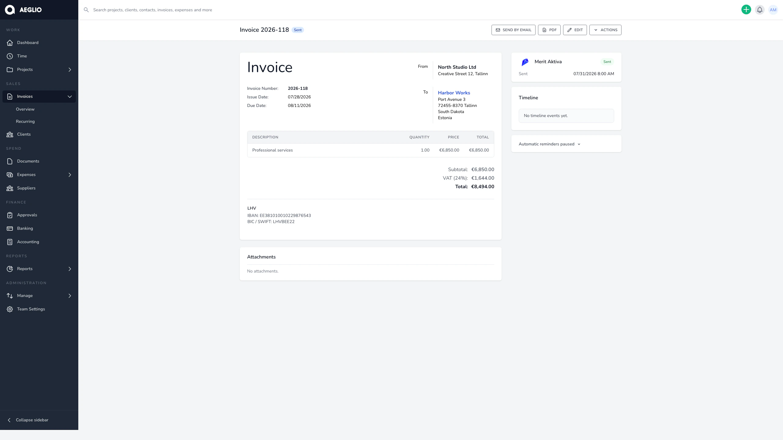 A finalized Aeglio invoice with its Merit Aktiva export status