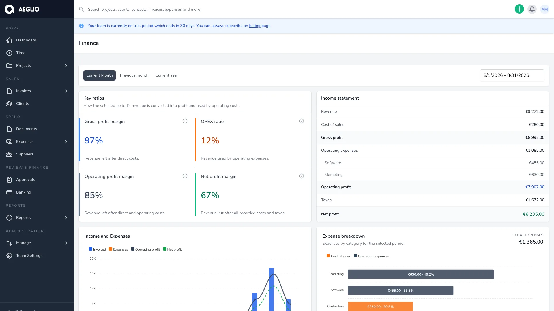 Aeglio financial clarity screen with fictional company data