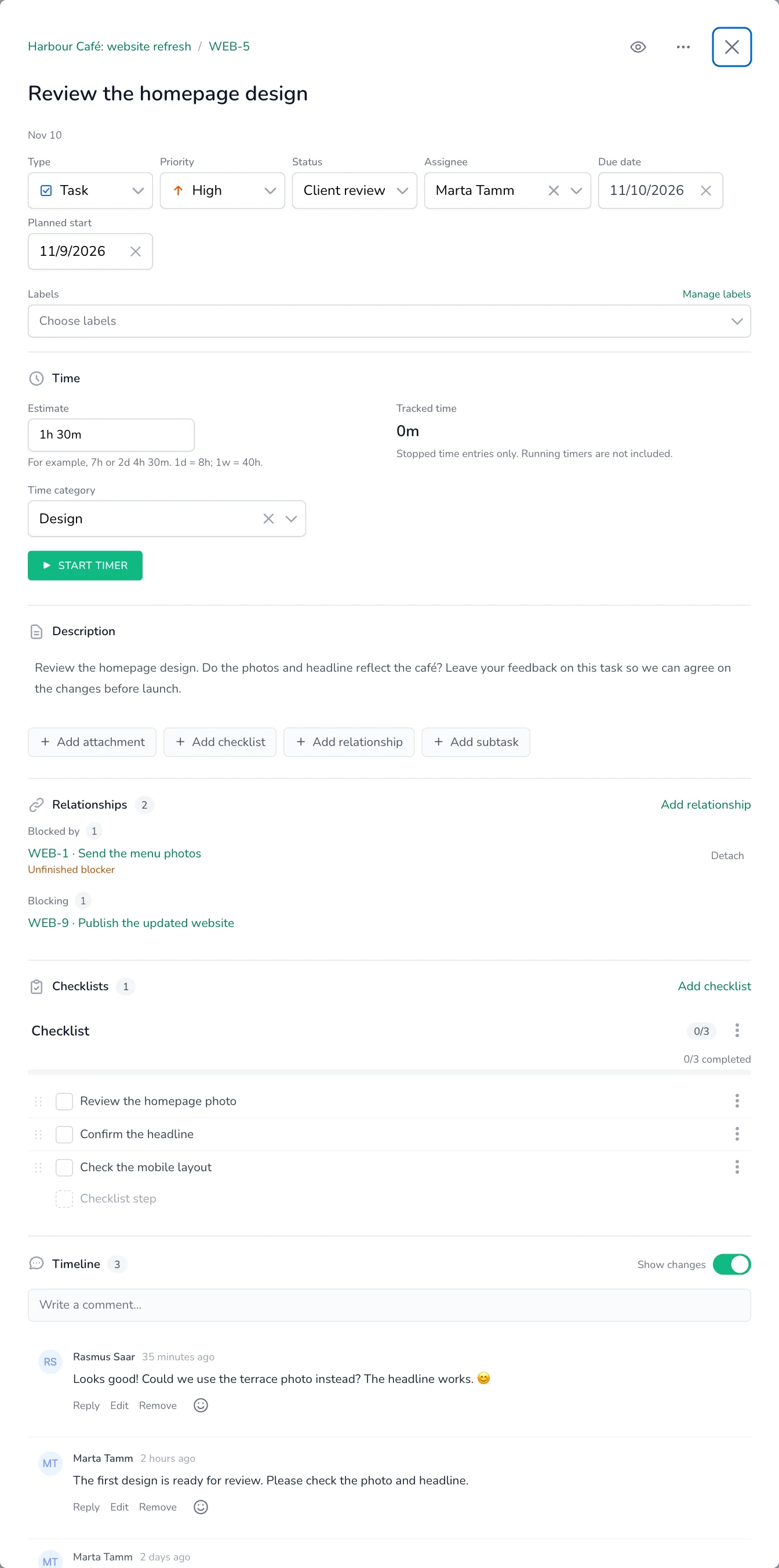 A website review task in Aeglio with its description, checklist and discussion.