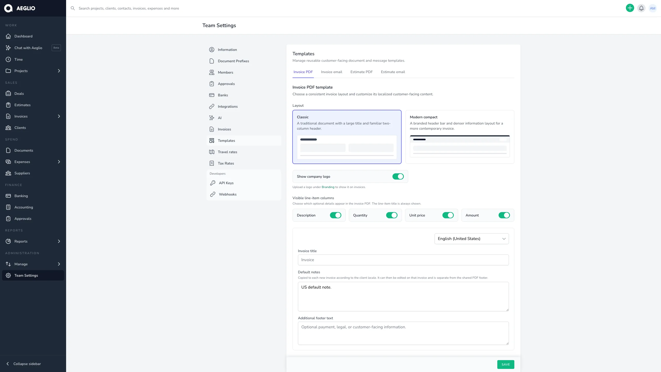 Aeglio invoice and estimate template settings with layout and visible-column controls